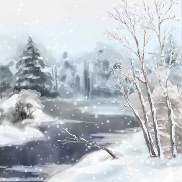 Winter Digital Watercolor Landscape