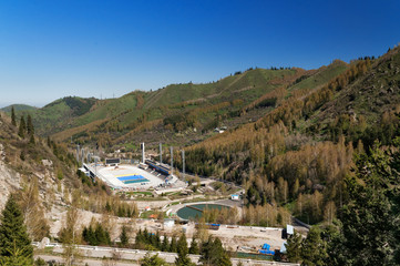 Medeo Stadium. Outdoor speed skating in mountain valley