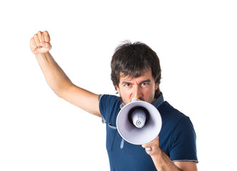 Man shouting over isolated white background