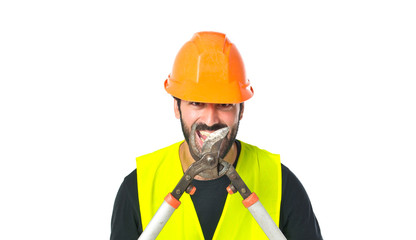 Workman with scissors mower over white background