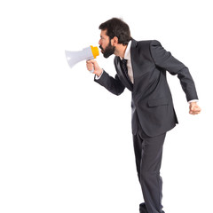 Fototapeta premium Businessman shouting over isolated white background