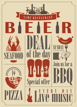 pub menu with different dishes and glasses of beer