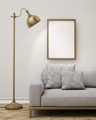 3D model of poster in  living room, lamp and sofa, background