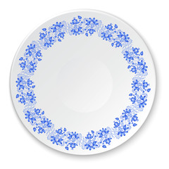 Round porcelain plate with the national pattern in Russian Gzhel