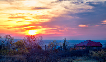 Sunrise over Stanca village in Romania