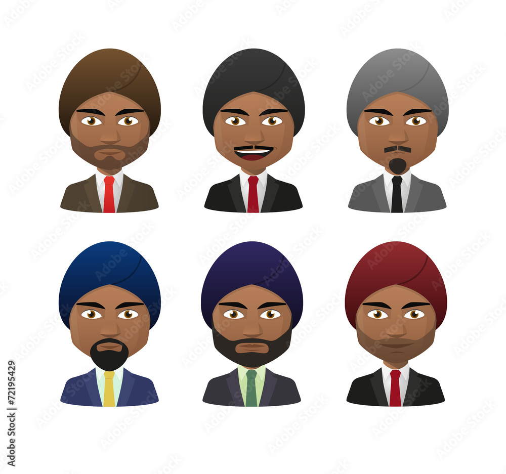 Poster young indian men wearing suit and turban avatar set