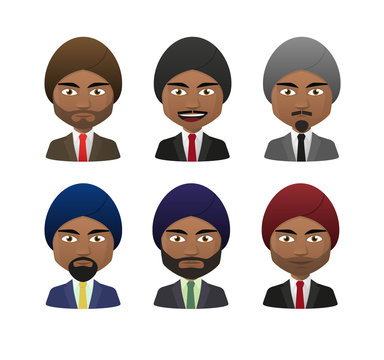 Young Indian Men Wearing Suit And Turban Avatar Set
