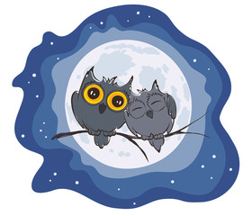 Illustration - love owls and full moon