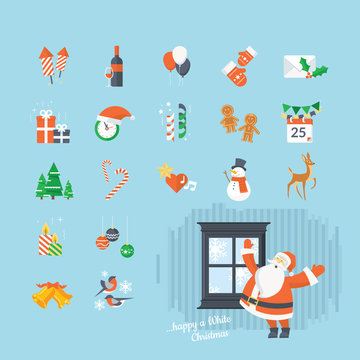 Set of flat design Christmas and New Year icons