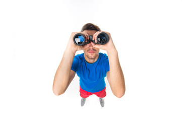 portrait of young man with binoculars over white background.