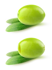 Isolated olive. Pitted and whole green olives over white background, with clipping path
