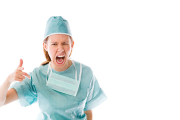 model isolated on plain background nagging scolding with finger