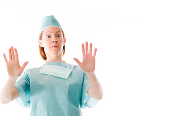 model isolated on plain background stop sign with hands