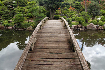 wooden footbridge in japanese garden