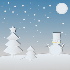 Snowman and Christmas tree in paper cut style