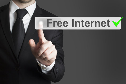 businessman pushing flat button free internet