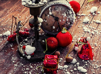 red Christmas decorations in vintage style
