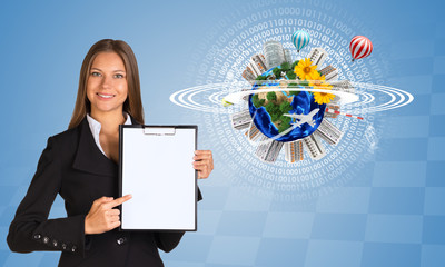 Beautiful businesswoman holding paper holder. Earth with