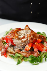 warm salad with noodle and bacon