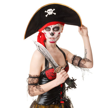 Woman pirate with a sword. Costume for Halloween