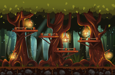 Illustration of the fairy forest at night with flashlights, fire