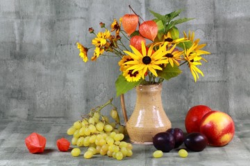 Stillleben : Früchte und Blumen