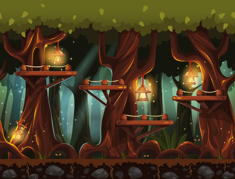 Seamless background fabulous night forest with lanterns, firefli