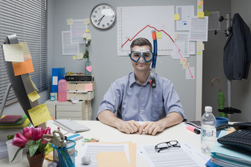 Office worker wearing scuba mask