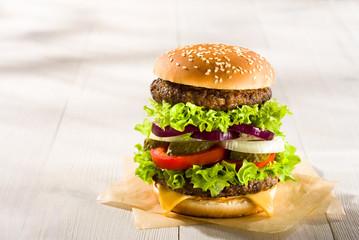 Homemade burger on the wooden table
