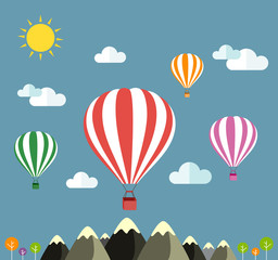Fototapeta na wymiar Air balloon flying over the mountain Icons of traveling
