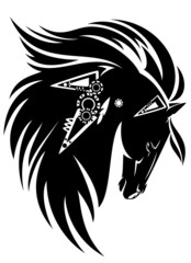Black horse head with long mane tribal design