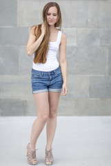 Fototapeta premium Beautiful and smiling nordic woman in shorts