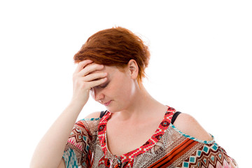 model isolated on plain background ashamed hiding face in hand