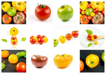 Many varieties of colorful tomatos