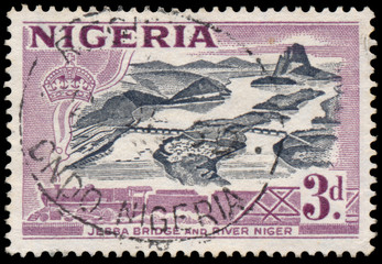 Stamp printed in Nigeria shows Jebba bridge and river Niger
