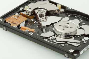 Inside of broken HDD hard drive disk, narrow focus