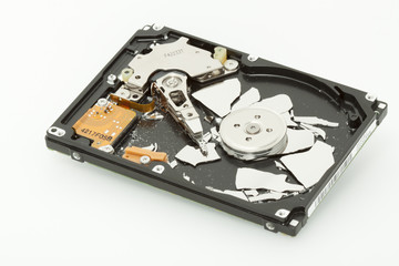 Inside of broken HDD hard drive disk, narrow focus
