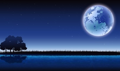 beauty silhouette of forests and lakes with full moon background