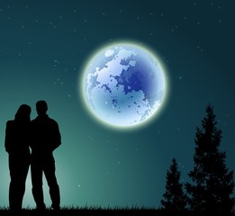 couple silhouette with full moon background and pine tree