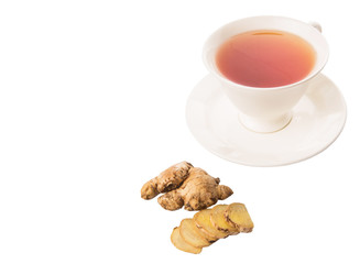 Ginger slices and a cup of tea over white background