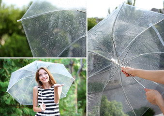 Umbrella concept. Beautiful young girl with umbrella collage