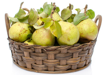 Pears with leaves in a basket