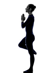 woman exercising Vrksasana tree pose yoga silhouette