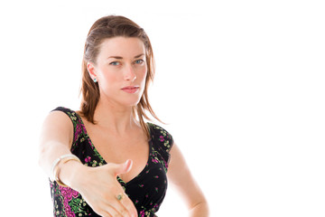 model isolated on plain background greetings hand shake