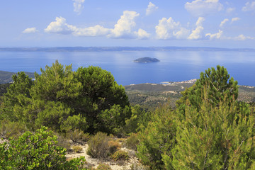 Fototapeta na wymiar View from the mountains to the coast of Aegean Sea.