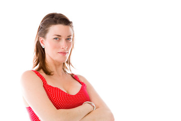 model isolated on plain background happy smiling arms crossed