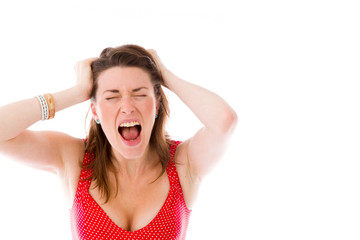 model isolated on plain background stressed upset pulling hairs