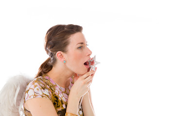 model isolated on plain background calling shouting