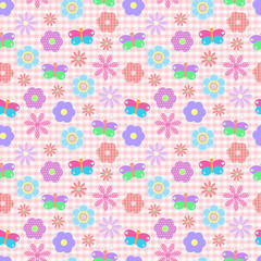 Seamless vector background with colorful flowers and butterflies