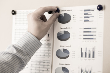 Businessman pointing to flip board with chart in office